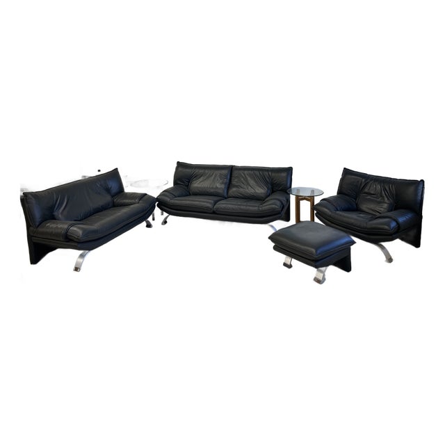 Nicoletti Salotti Italian Dark Gray/Black Leather Three Piece Set (Couch, Love Seat, Chair/Ottoman) For Sale