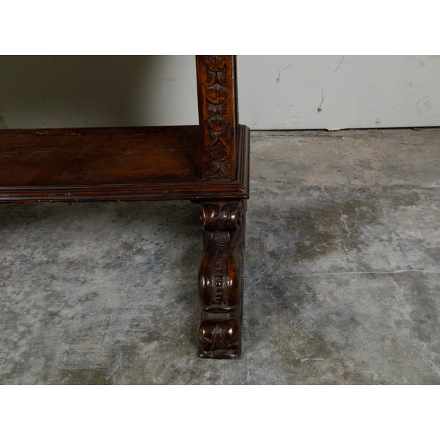 Italian Italian 1800s Walnut Trestle Base Table with Two Drawers and Carved Motifs For Sale - Image 3 of 12