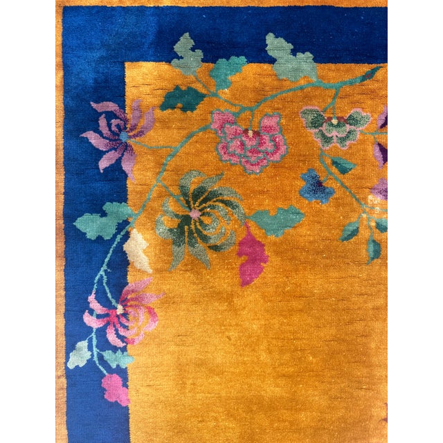 1920s 1920s Orange and Blue Floral Vintage Chinese Art Deco Wool Rug | 2'05" X 4'02" For Sale - Image 5 of 5