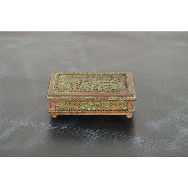Tiffany Studios New York Pine Needle Pattern Bronze and Favrile Slag Glass Stamp Box For Sale - Image 12 of 12