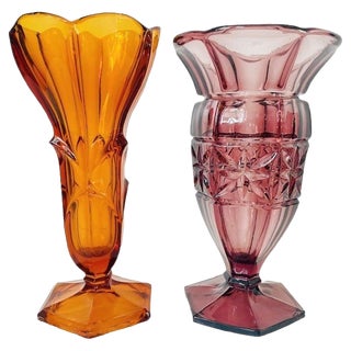 Art Deco Bohemian Purple and Amber Vases in Pressed Glass, 1930s, Set of 2 For Sale
