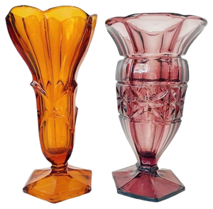 Art Deco Bohemian Purple and Amber Vases in Pressed Glass, 1930s, Set of 2