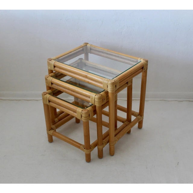 1970s McGuire Style Boho Chic Blonde Bamboo Rattan Glass Nesting Tables - Set of 3 For Sale - Image 5 of 10