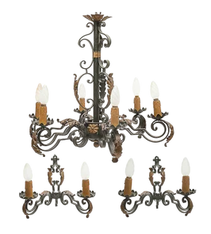 Large Chandelier and Sconces attributed to Gilbert Poillerat, 1950s, Set of 3