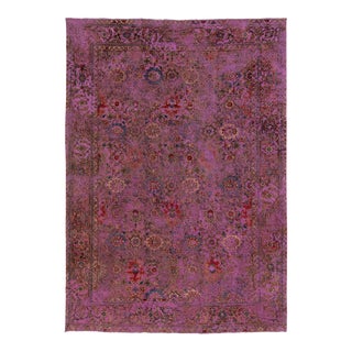 Antique Persian Overdyed Wool Rug With Floral Pattern in Purple For Sale