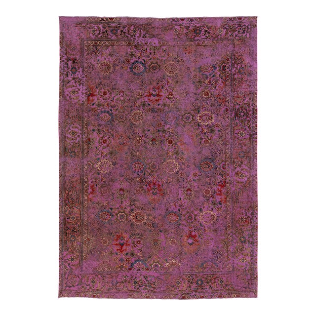 Antique Persian Overdyed Wool Rug With Floral Pattern in Purple For Sale