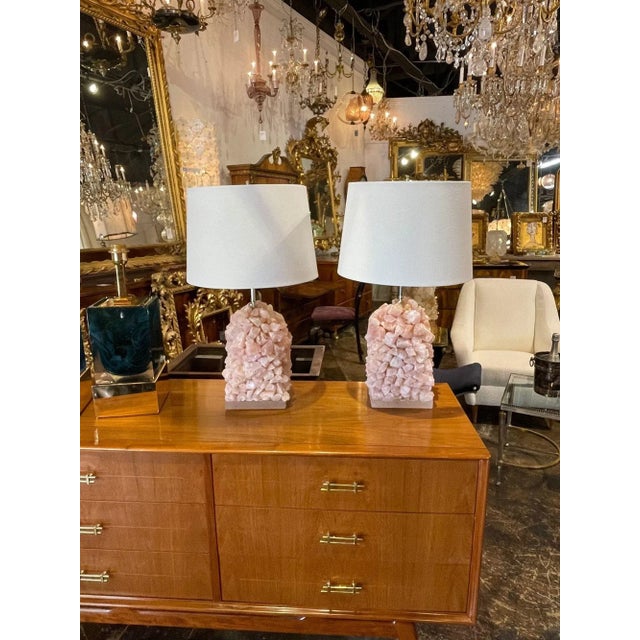 Interesting pair of vintage pink quartz sculptural lamps. These are very fine quality and create an upscale look!