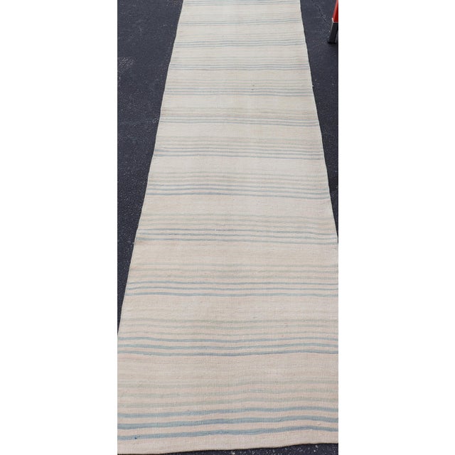 Textile Stripe Design Turkish Vintage Kilim Runner in Shades of Ivory and Light Blue For Sale - Image 7 of 12
