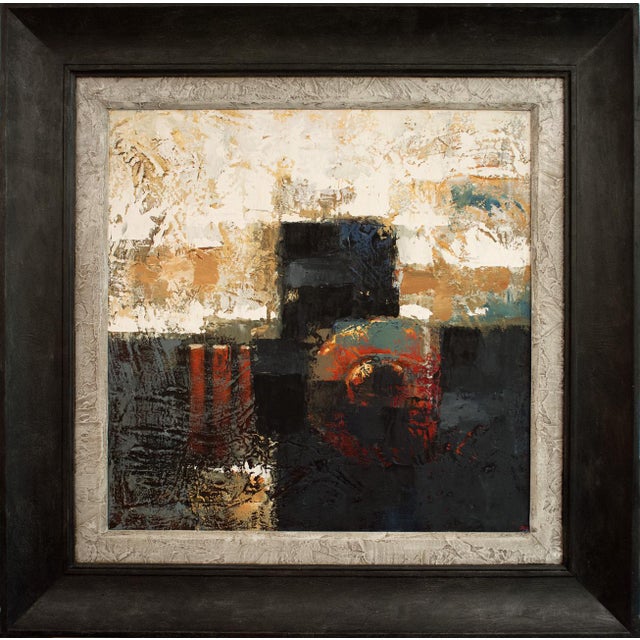 Textile Framed Square Textured Abstract Painting With Black Red Beige and White Colors For Sale - Image 7 of 7