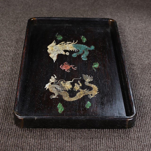 Mid 20th Century Vintage Chinese Rosewood Tea Tray | Mother-of-Pearl Inlaid Dragon & Phoenix Motif For Sale - Image 5 of 9