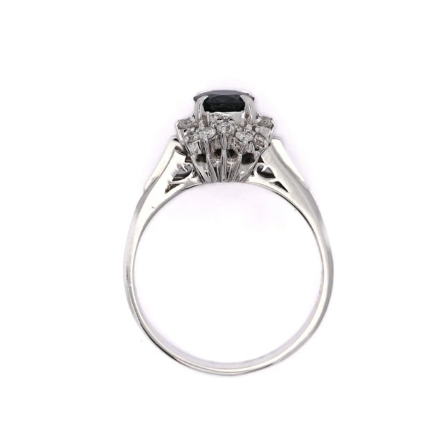 1990s Vintage Platinum 1.18 Carat Oval Blue Sapphire & Diamond Halo Filigree Ring Size 6.5 For Sale - Image 5 of 8