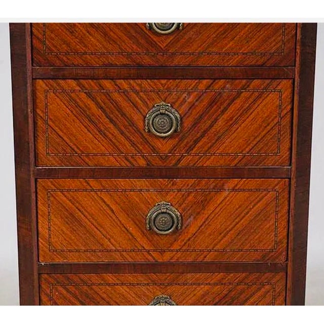 1900-1909 Petite French Louis XVI Parquetry Seven-Drawer Semainier With Marble Top For Sale In Los Angeles - Image 6 of 7