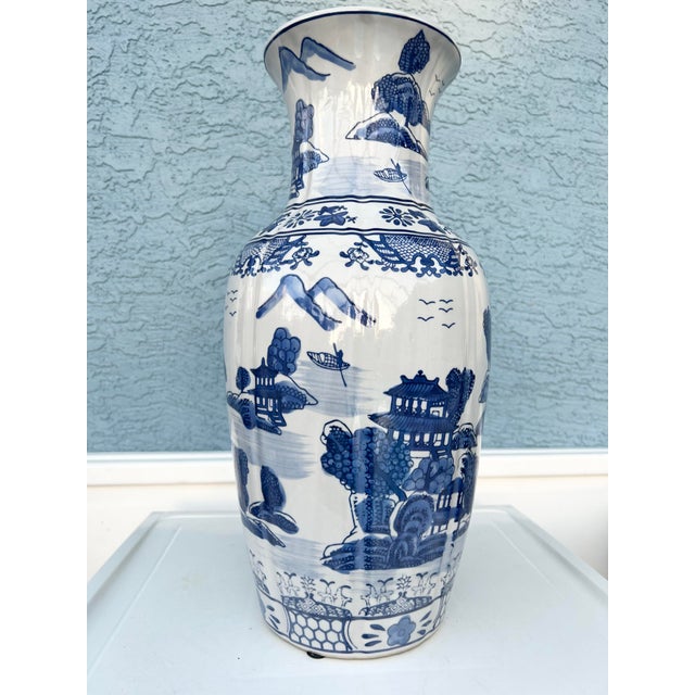 Modern Tall Vintage Asian Chinese Blue & White Ribbed Porcelain Vase For Sale - Image 3 of 7