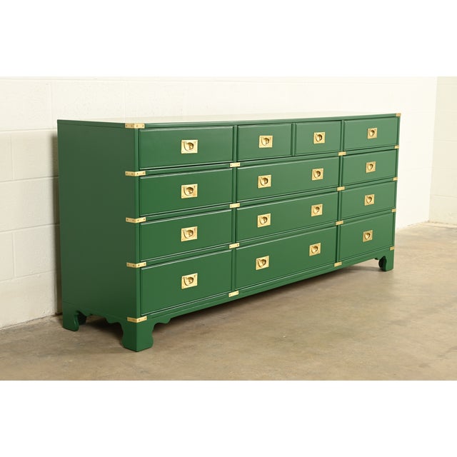 Drexel Heritage Mid-Century Hollywood Regency Campaign Green Lacquered Dresser | Newly Refinished For Sale - Image 13 of 13