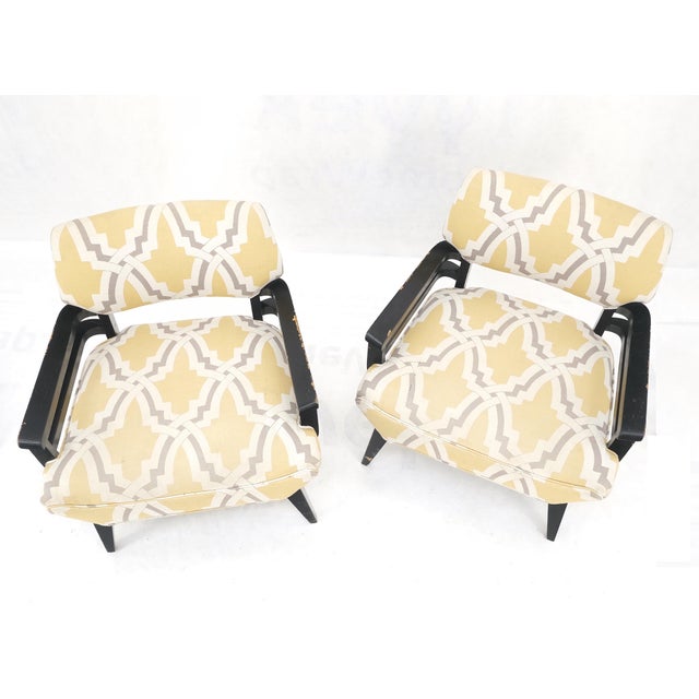 Pair of Mid-Century Modern Black Lacquer Abstract Fabric Lounge Chairs AS IS For Sale - Image 6 of 14