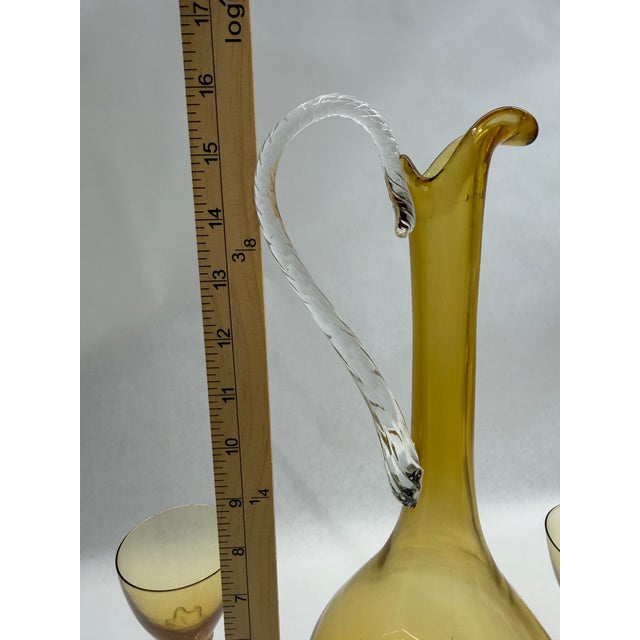 1960s Mid-Century Italian Style Amber Art Glass Pitcher Decanter & Cordial Glass Set - 5 Pieces For Sale - Image 5 of 6