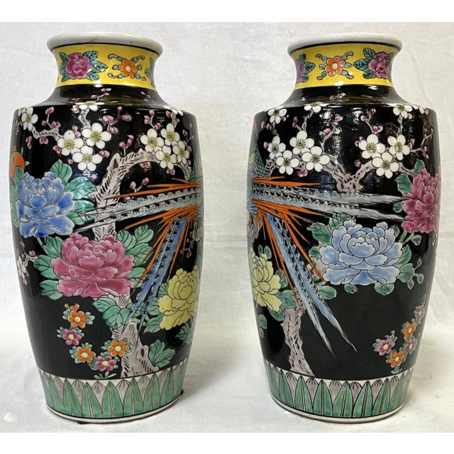 Boho Chic Mid Century Chinoiserie Birds With Peonies Hand Painted Porcelain Vases- a Pair For Sale - Image 3 of 12