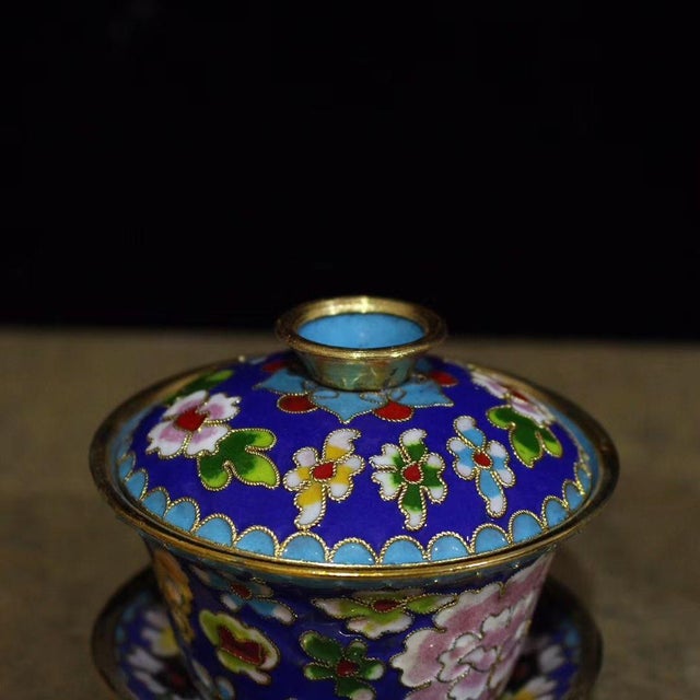 Metal Vintage Chinese Cloisonné Enamel Lidded Tea Bowl Gaiwan With Peony Motif For Sale - Image 7 of 9