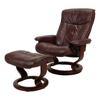 Ekornes Stressless President Recliner & Ottoman Maroon Leather in Rosewood Base For Sale