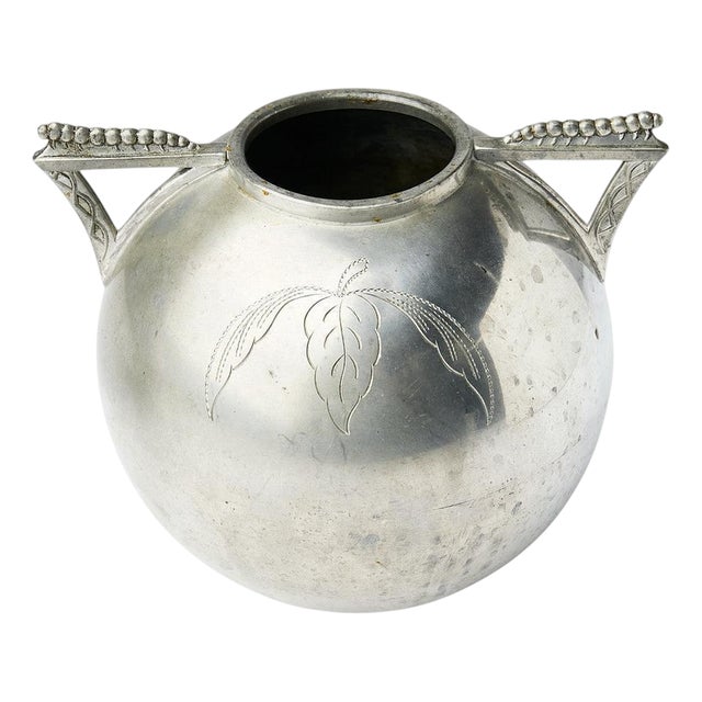 Swedish Pewter Vase with Leaf Motif and Triangular Handles from L&L, 1935 For Sale