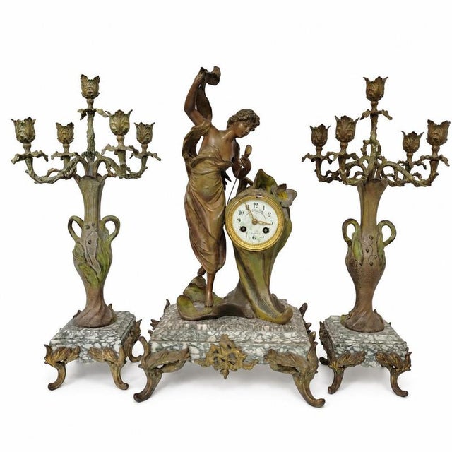 Art Nouveau L“L’Aurore Table Clock and Candelabras from Hardyau Fils, Set of 3 For Sale - Image 6 of 9
