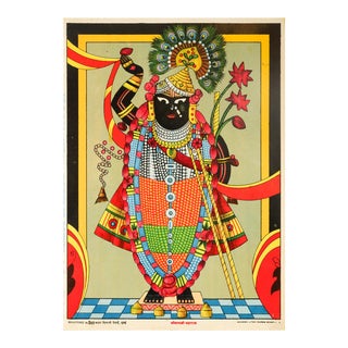 1920 Indian Offset Lithography, "Shrinathji Maharaj" - Black God With Peacock Hat - God: Great Ruler Shrinathji Ravi Varma Press For Sale