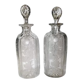 Pair of 1920s American Cut and Etched Crystal Decanters For Sale