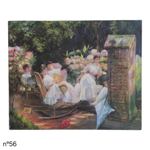 Oil on canvas depicting an elegant garden scene with four women in white dresses seated among blooming flowers and...