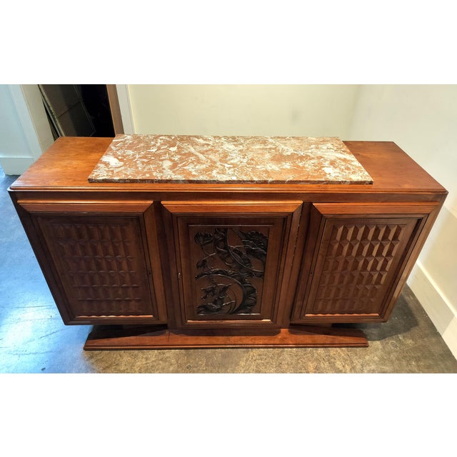 French Art Deco Marble Top Sideboard With Carved Birds and Flowers. For Sale - Image 11 of 12