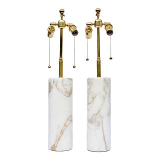 Pair of Italian Round Cylinder Marble Lamps For Sale