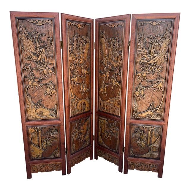 Vintage Chinese Rosewood Carved Wood Room Divider Screen For Sale