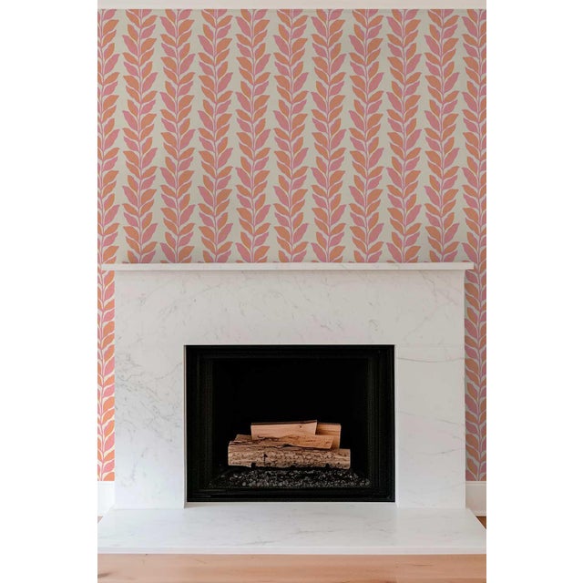 Not Yet Made - Made To Order Garden Leaf Stripe Grasscloth Wallpaper by House Party | Blush Pink & Coral | 6 Yards For Sale - Image 5 of 6