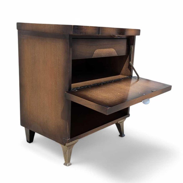 1950s Atomic Walnut Drop-Front Nightstand With Metal Legs, Mid-Century For Sale - Image 13 of 16