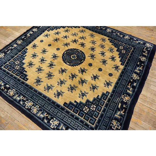 1920s Beige Medallion Floral Antique Chinese Baotou Carpet 5' 9" X 6' 2" Handknotted Wool Rug For Sale - Image 4 of 11