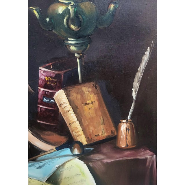Wood Vintage 20th C Framed Oil on Canvas Music Books & Scroll Still Life Painting by Coral For Sale - Image 7 of 11