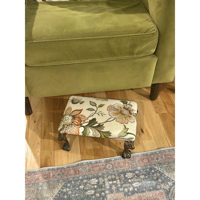 English Vintage Petite Foot Stool or Foot Rest With Bronze Finish Lions Head and Paw Legs For Sale - Image 3 of 9
