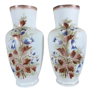 Pair of White Glass Vases, Enameled Floral Design, 19th/20th Century