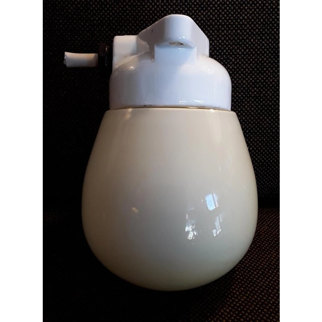 1950s Vintage Mid-Century Egg Shaped White Porcelain Mount and Cream-Colored Opaque Glass Umbrella Ceiling Lamp, 1950s For Sale - Image 5 of 6