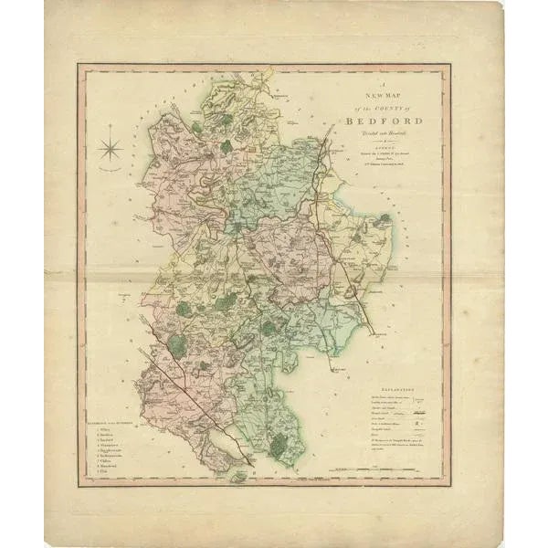 Antique county map of Bedfordshire first published c.1800. Villages, towns, and cities illustrated include Bedford,...