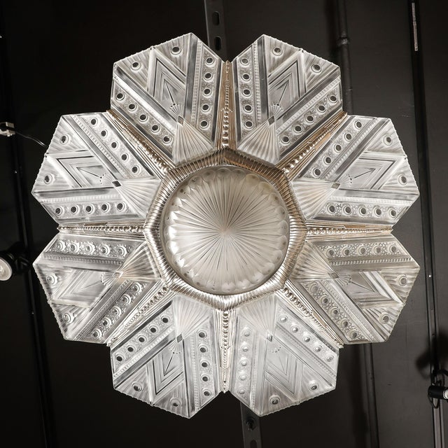Art Deco Frosted Glass Cubist Geometric Detail & Fluted Chandelier Signed Leleu For Sale - Image 17 of 18