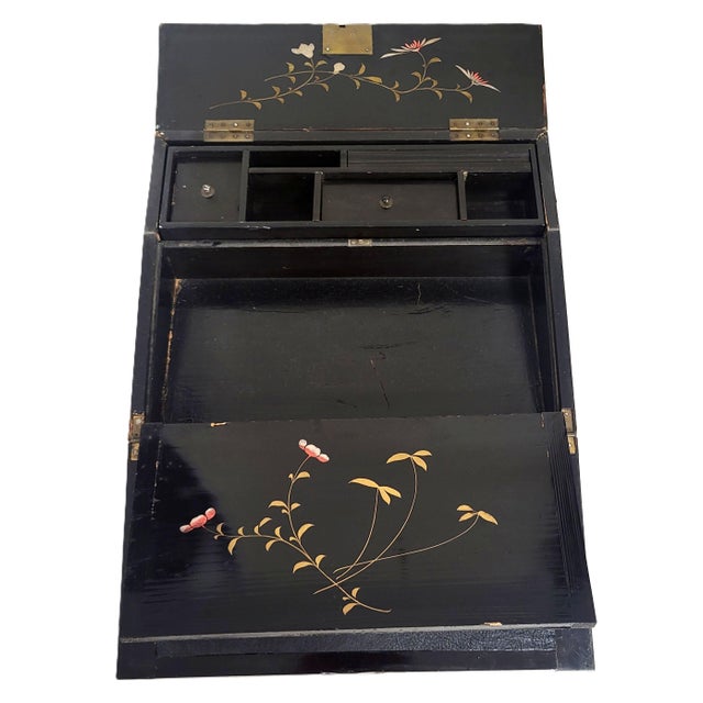 Antique English 19th C Parquetry Inlaid & Ebonized Chinoiserie Leather Lap Desk For Sale - Image 12 of 18