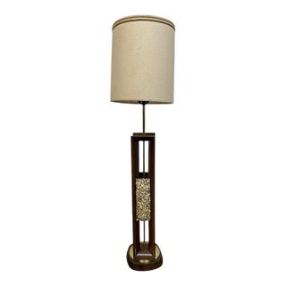 Mid-Century Modern Walnut Brass Sea Shell Table Lamp W/Original Drum Shade For Sale