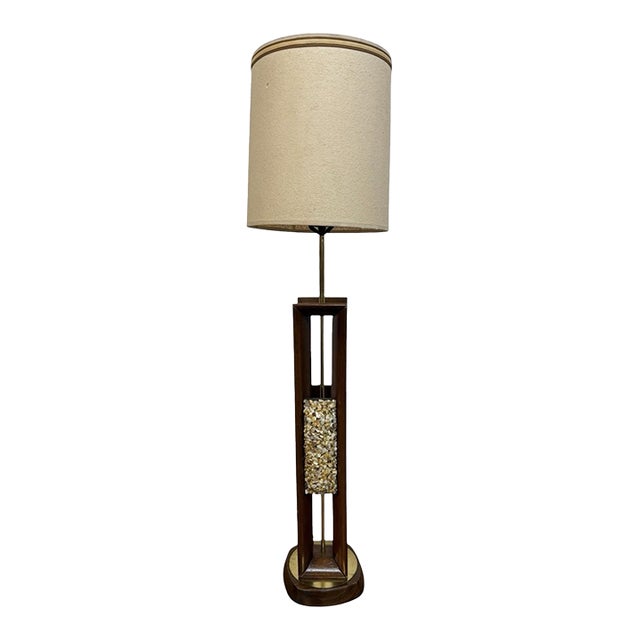 Mid-Century Modern Walnut Brass Sea Shell Table Lamp W/Original Drum Shade For Sale
