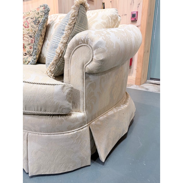 Late 20th Century Vintage Ethan Allen Cream Damask Skirted Sofa For Sale - Image 5 of 11