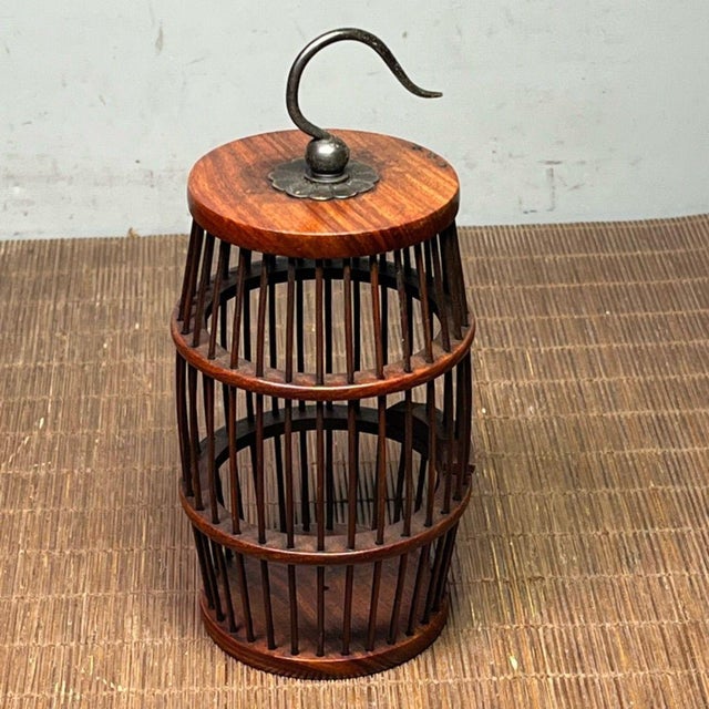 1980s Vintage Chinese Pearwood Cricket / Cicada Cage With Metal Hook, Chinoiserie Decorative Insect Cage For Sale - Image 5 of 9