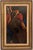 A Cubist-influenced oil painting depicting a figure playing a guitar, rendered in flattened, angular planes of red, blue,...