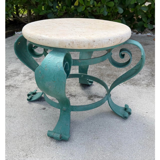 Vintage Hand-Painted Iron Petite Cocktail Table With Tessellated Travertine Top For Sale - Image 9 of 11