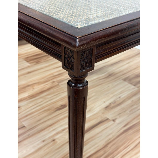 Wood Vintage Carved Wood Caned Game Table With Inset Glass Top For Sale - Image 7 of 11