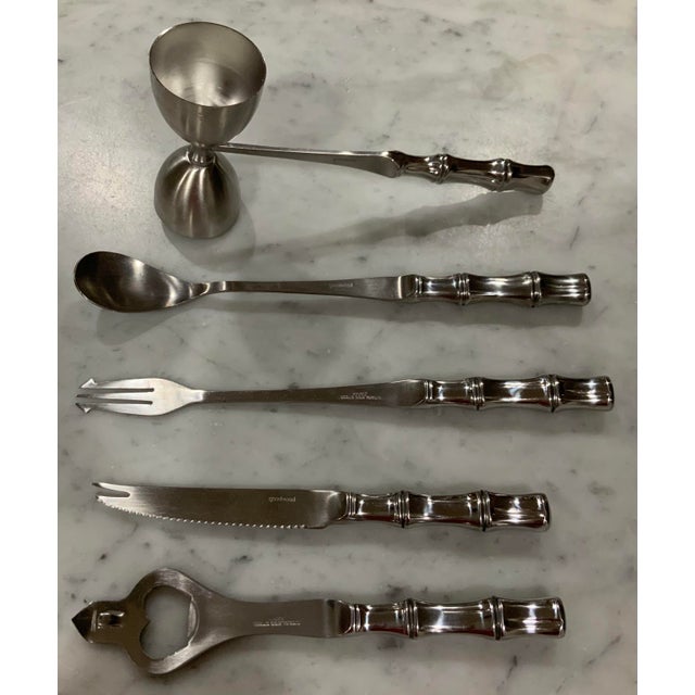 Vintage Barware - MCM 5-Pc Silver Stainless Steel Bamboo Bar Tool Set by Goodwood in Original Box - Palm Beach Regency - British Colonial For Sale - Image 9 of 9