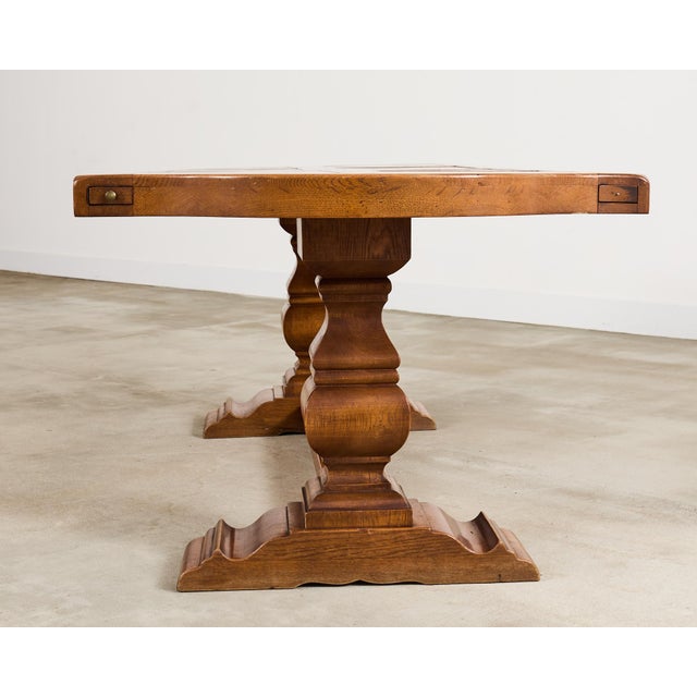 Country French Oak Parquet Top Farmhouse Trestle Dining Table For Sale In Sacramento - Image 6 of 12
